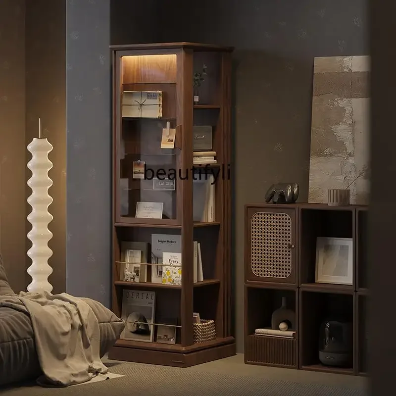 L Rak Buku Berputar Kayu Solid 360 Rak Walnut Hitam Rak Majalah Lantai Ruang Tamu Rumah Tangga, Rak Buku Multi-lapis