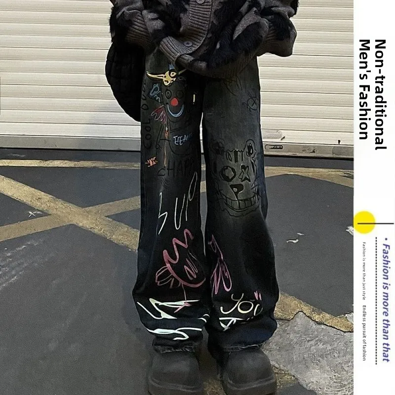 

Retro American High Street Graffiti Jeans Men's Loose Slim Straight Leg Pants Street Dance Long Trousers Trendy Men's Clothing