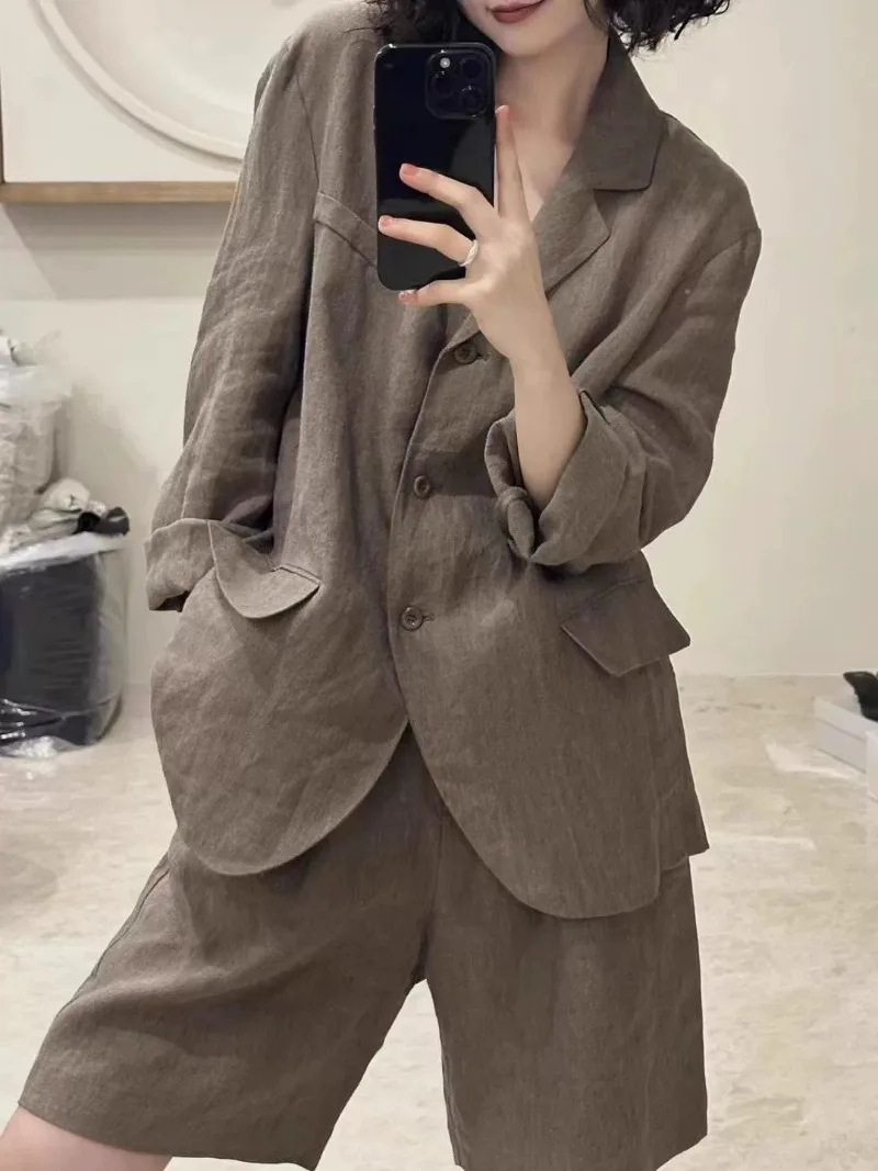 

2025 New Spring Cotton Linen Suit Set Women Fashion Thin Suit Top and High Waisted Shorts Female Two-piece Set