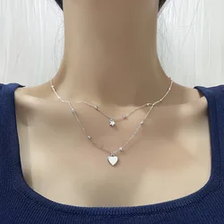 925 Sterling Silver Double Layer Star Sparkling Diamond Necklace Temperament Small Ball Heart Collar Chain Wedding Jewelry