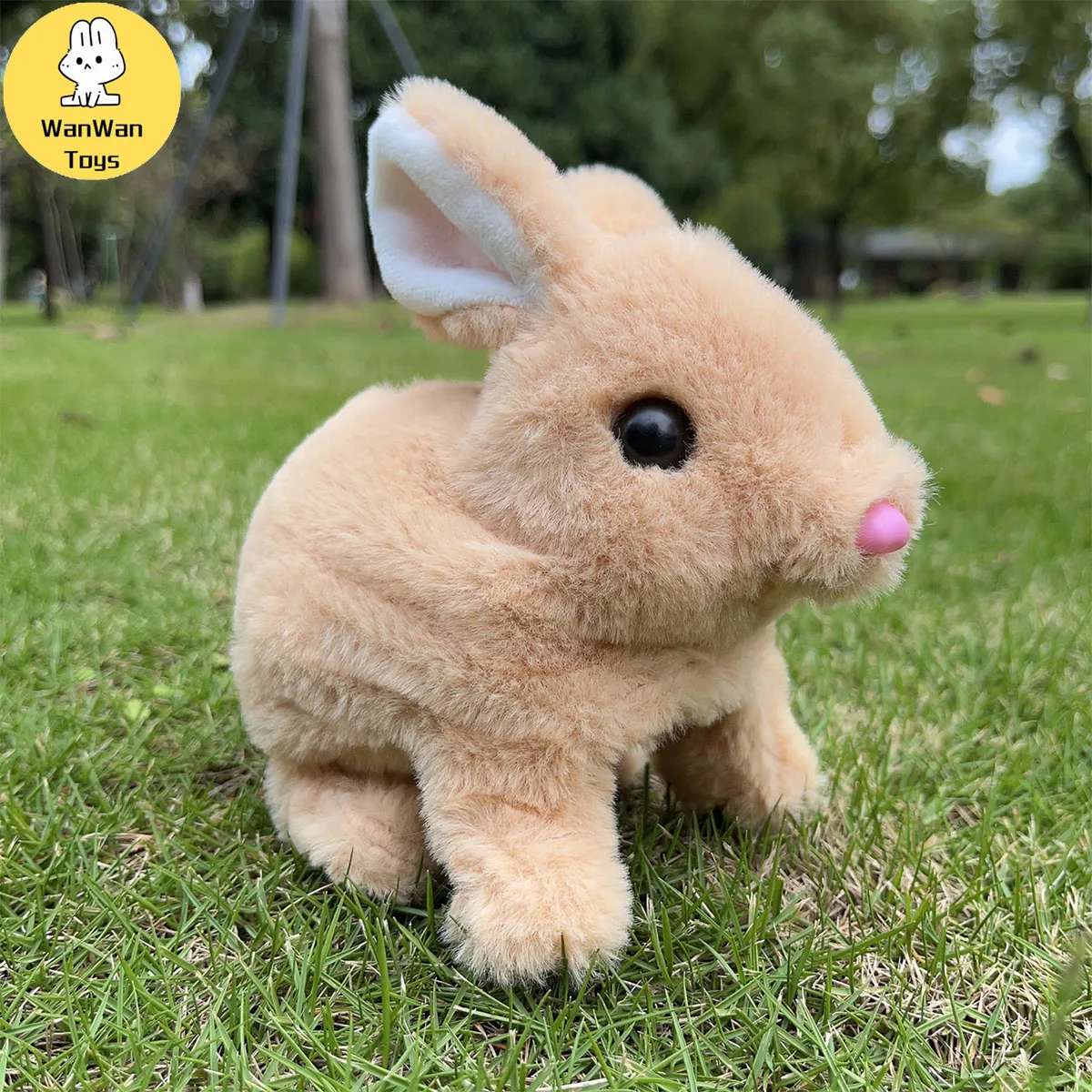 Piccolo giocattolo elettrico in peluche a pelo piatto per bambini con coniglio a pelo lungo in tinta unita dagli occhi neri