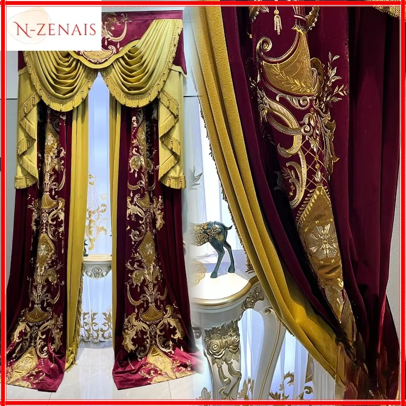 

European Embroidered Red Luxury Curtains for Living Dining Room Bedroom Blackout Window Villa Vintage Tulle Velvet Valance Lace
