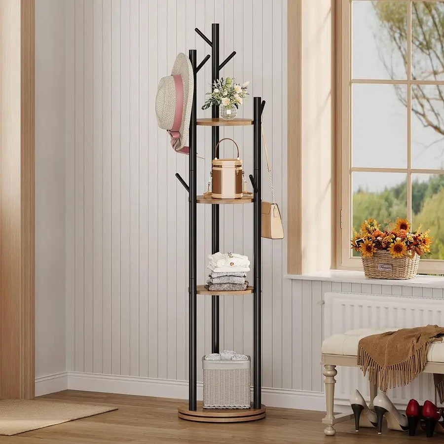 

Отдельно стоящая металлическая подставка для пальто в дереве с 4-х ярусной полкой для хранения и 9 крючками для прихожей, спальни, уголок