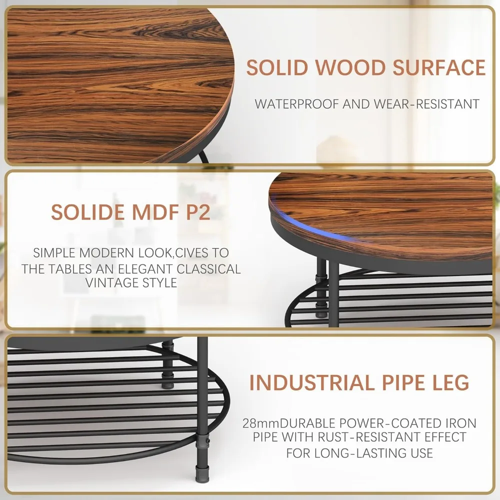 Tavolino da caffè vintage con piano in legno marrone grigio scuro con gambe in metallo e ripiano portaoggetti, alto 18,5 per piccoli spazi