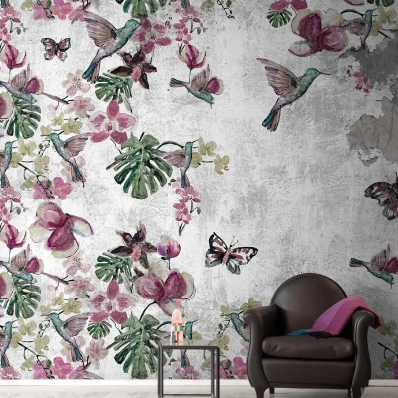 Custom Vintage green background floral mural oil painting French retro hand-painted texture light luxury living room wallpaper