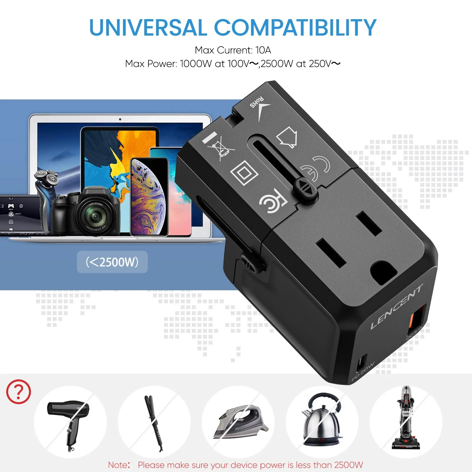 LENCENT-Adaptateur de voyage universel avec 1 prise secteur, 1 port USB QC 3.0 et 1 chargeur rapide PD 20W, adaptateur secteur pour US EU UK AUS