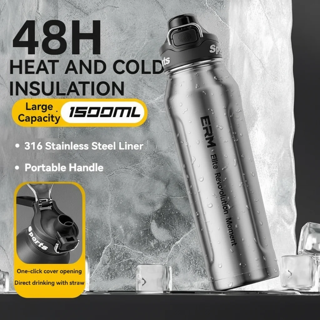 Botella de agua con aislamiento de 1,5 l, taza con aislamiento frío y caliente de acero inoxidable, termo al vacío, frascos de doble pared