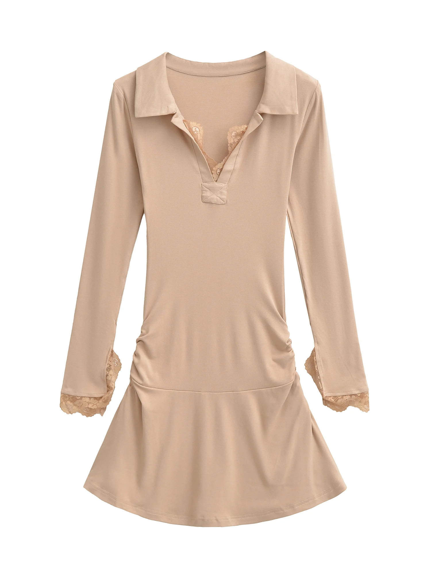 

American Sle Long Sve Lace Splice Turn-down Collar Dr Women Pure Desire Sexy Pleated Waist Slimming ort Dr