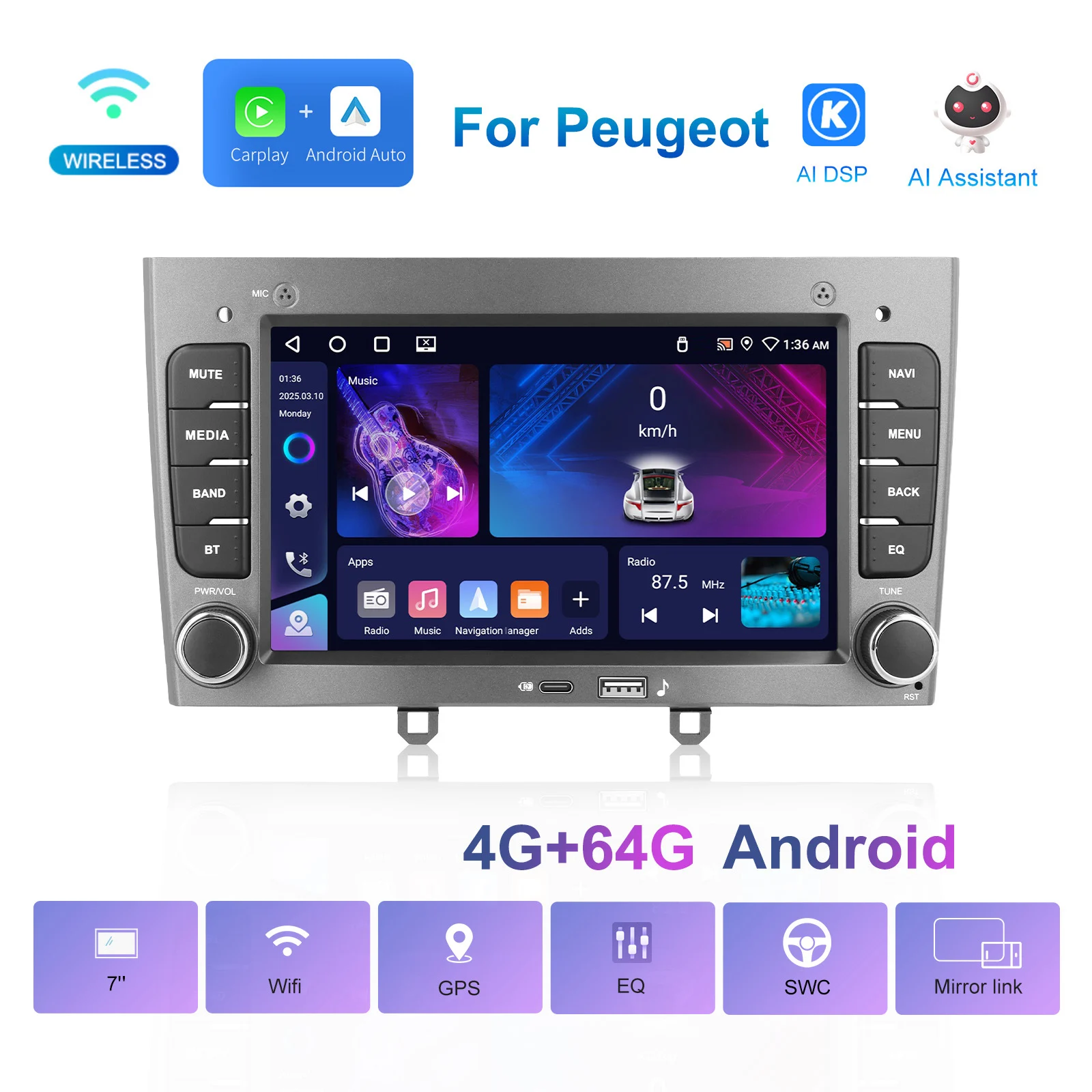 Podofo sans fil CarPlay AI voix autoradio Android Auto DSP GPS lecteur multimédia pour Peugeot 308 (T7) /408 FM/RDS EQ BT WIFI