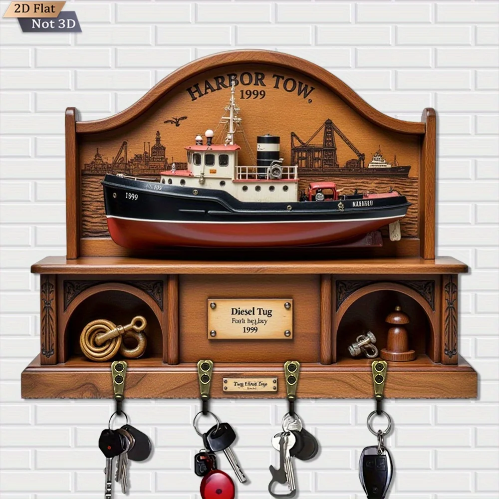 2D Flat, 1pc, Ship Model Harbor Tugboat Key Hook, Wooden Multi-functional Home Key Rack, with four metal hooks, Wall
