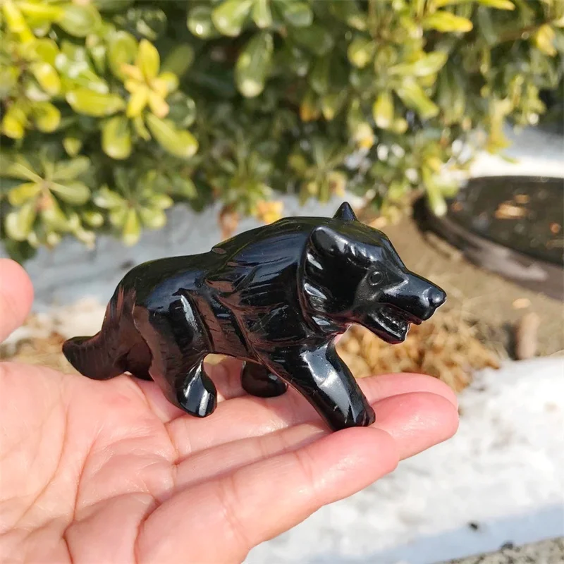 

10CM Natural Black Obsidian Wolf Crystal Animal Carving Crafts Powerful Animal Decorative Ornaments Birthday Present 1pcs