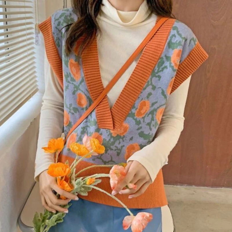 

Осень-зима 2023, новый милый стиль, пуловер с V-образным вырезом, жилет, свитер, топы, женский жилет, свободный базовый свитер без воротника