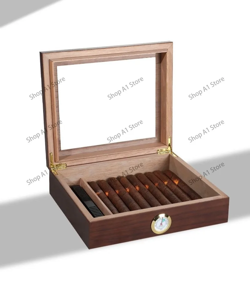 Solid wood cigar box, high-grade cedar transparent window, moisturizing flip cover storage cabinet, packaging empty gift box