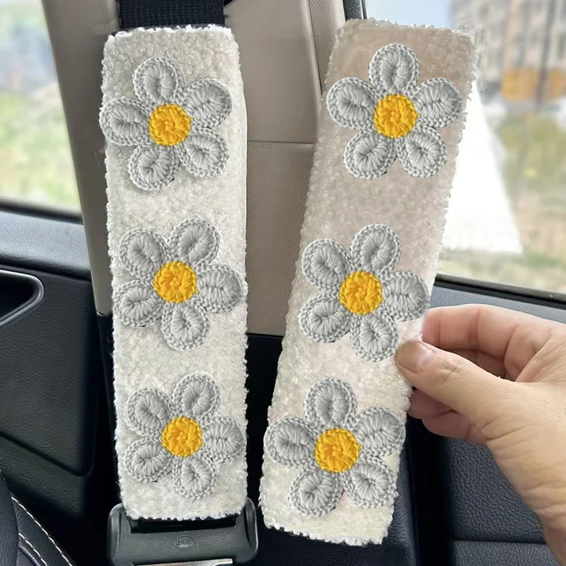 1/2PCS Car Seat Belt Cover Pad, Universal Car Seat Shoulder Strap Pads, Thick Plush Embroidered Flowers Seatbelt Cushion Protect