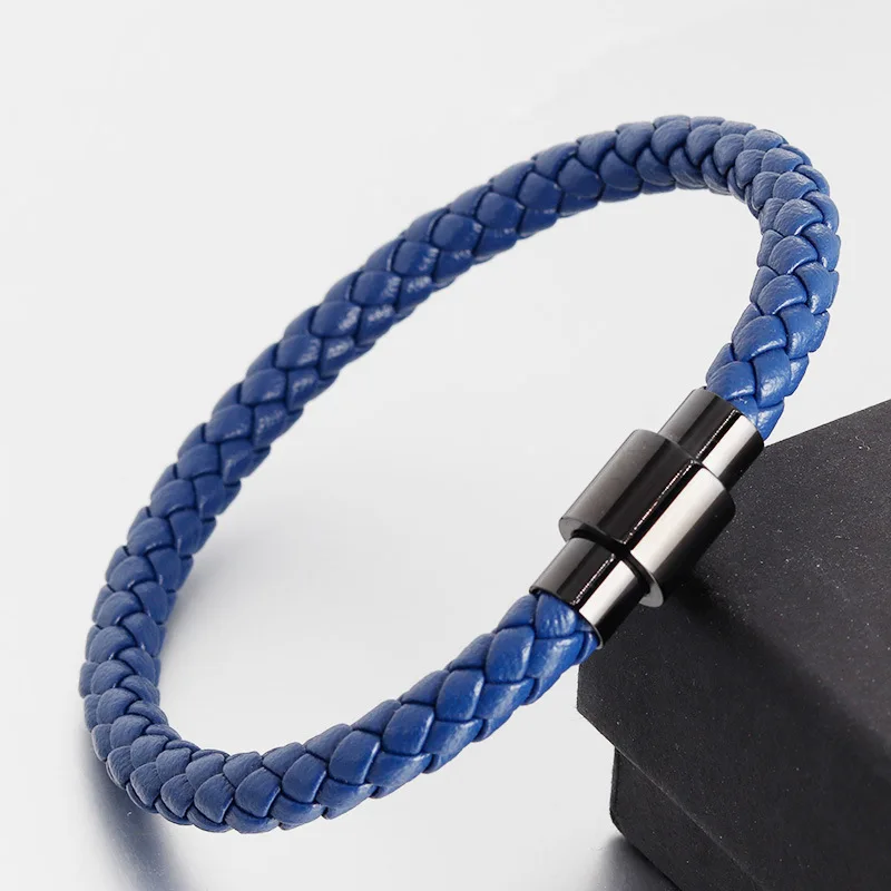 Men's Accessories Cuff Punk Woven Bracelet Black Minimalism Stainlees Steel Genuine Leather Bracelet