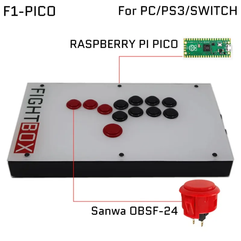 FightBox F1-F10 Raspberry PICO Zero Delay Joystick Game Controller with Multi Button Keyboard Combination  for PC/PS3/SWITCH