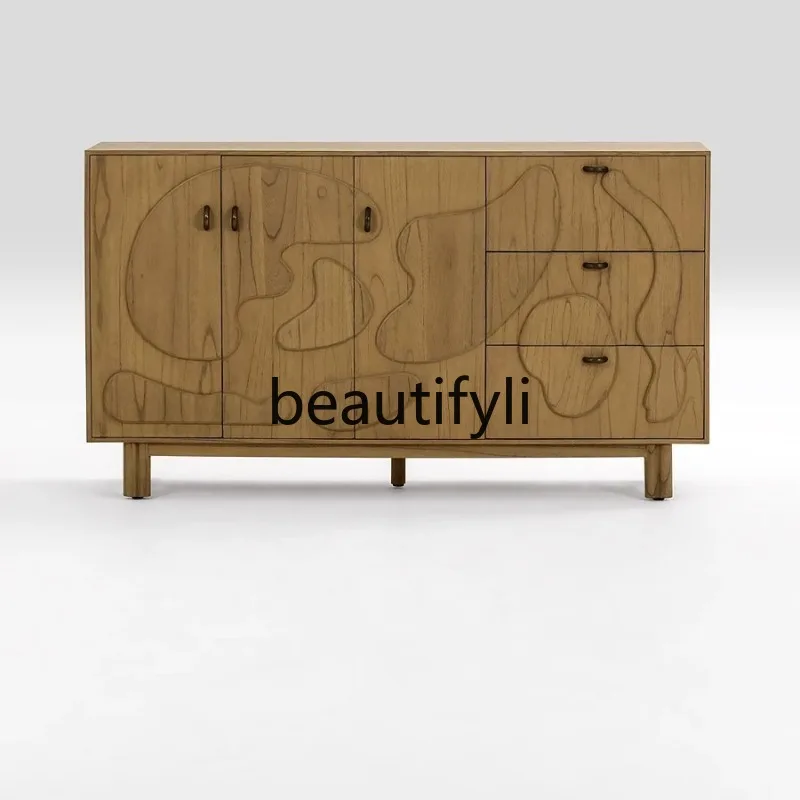 

French Vintage Solid Oak Sideboard American Retro Distressed Solid Wood Carved TV Cabinet