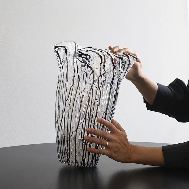 Art Striped Glass Vase, Large Mouth Hydroponic Vase for Living Room Home Decor