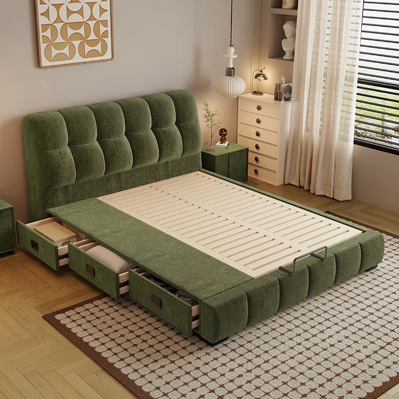 ^Functional Upholstered Fabric Bed with Integrated Gas Lift System & Hidden Drawers - Luxury Chenille Queen King Bed