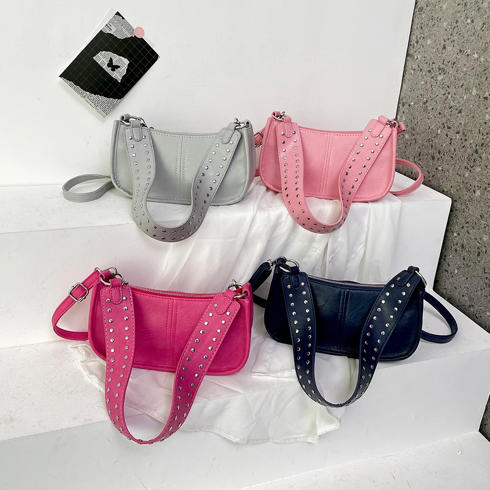 

Женская сумка через плечо в стиле ретро с шипами, декоративная сумка через плечо, кожаная сумка-тоут с регулируемым ремешком, сумка-тоут из искусственной кожи, стильный кошелек для девочек