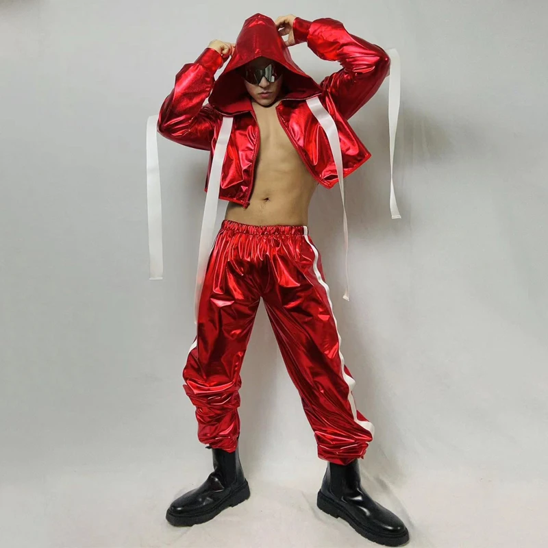 Bar Nightclub Dj Gogo Costume Men Red Hip Hop Hoodies Coat Pants Male Stage Pole Jazz Dancer Clothes Outfit Clubwear XS5956