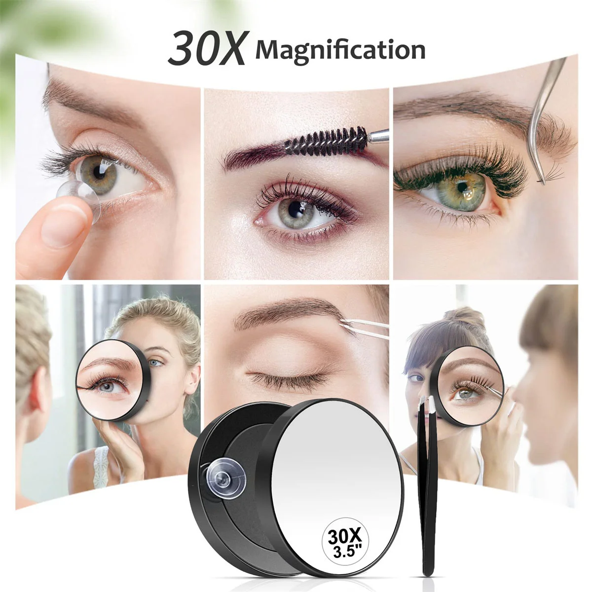 30X Compact Mirror Set Magnifying Mirror with Suction Cup and Tweezers, As a Travel Mganifying Mirror
