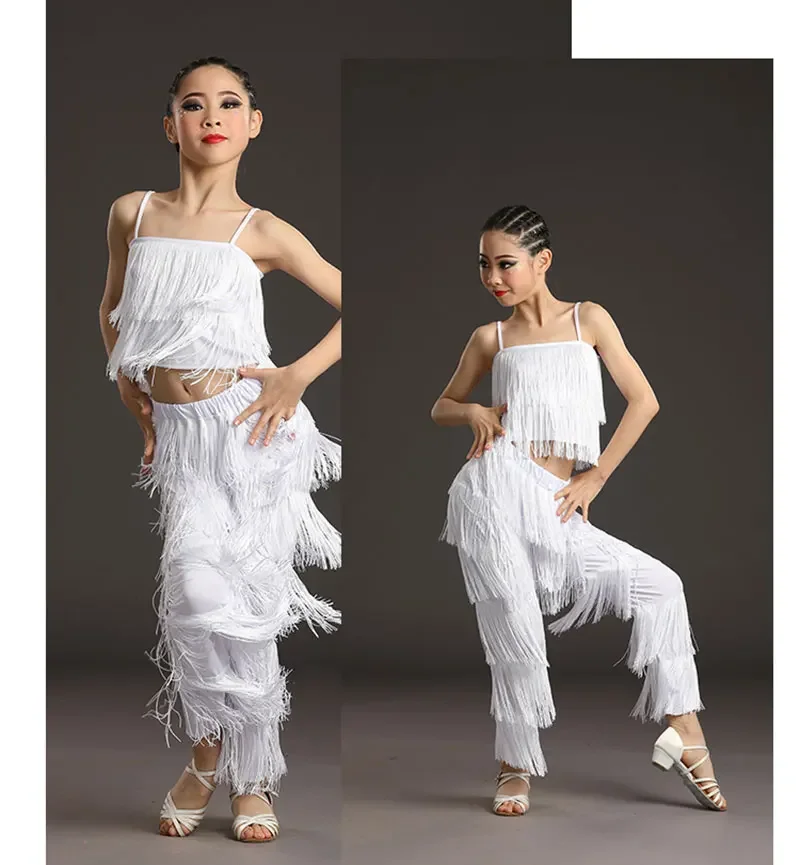 Kid Tassel Latin Dancewear Costumes Girls Salsa Ballroom Fringe Dance Tops&Pants Costume Girl Ballroom Dancing Dress