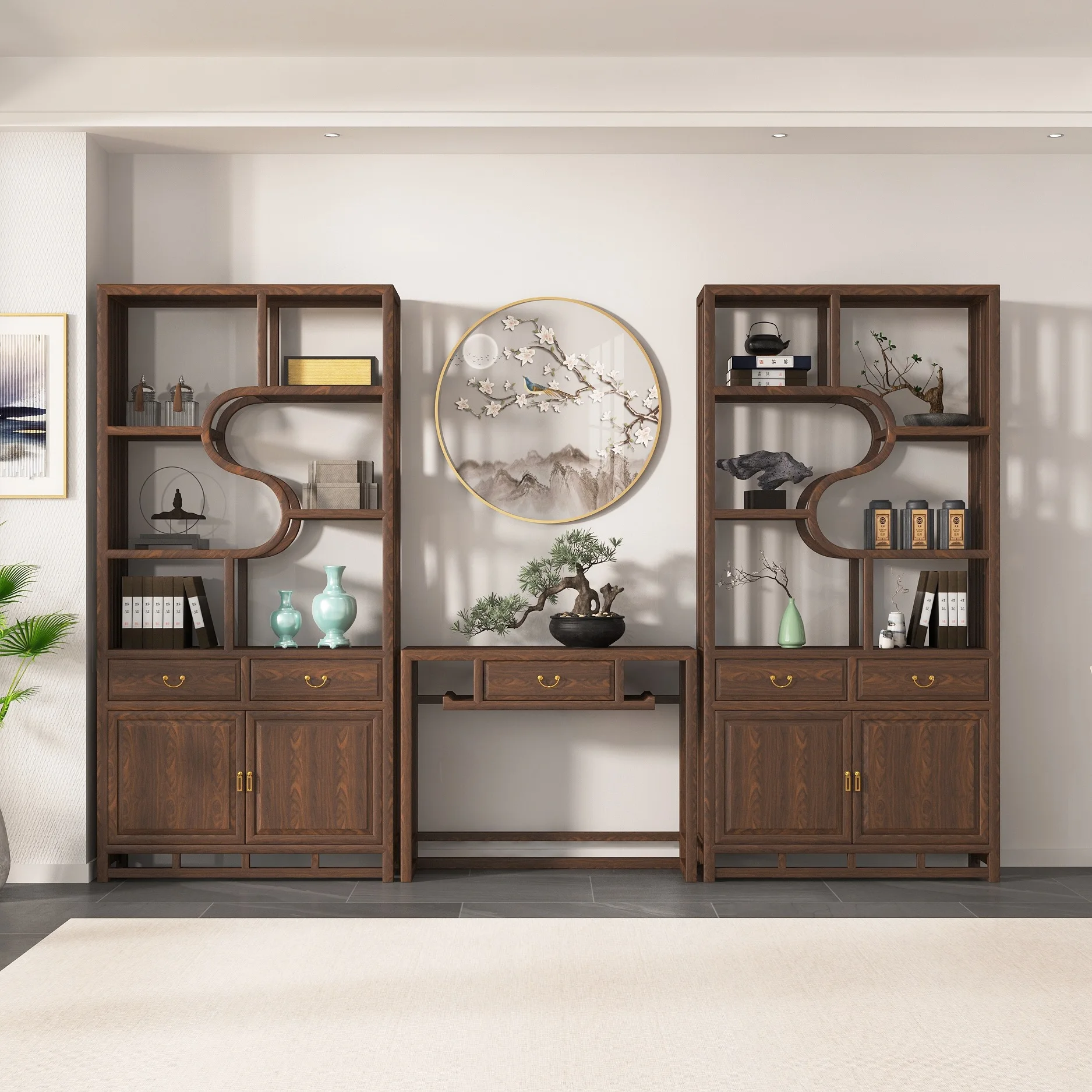 

Modern simple solid wood display shelf study bookcase new Chinese tea room layout