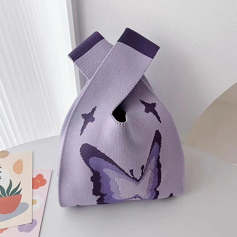 女性ノットリストバッグポータブル蝶ニットトートバッグ電話キーポーチトレンド旅行ハンドバッグショッピングバッグ