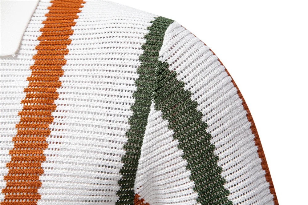 Men's vintage striped knitted polo shirt, breathable mesh short-sleeved shirt, made of comfortable and soft fabric, versatile