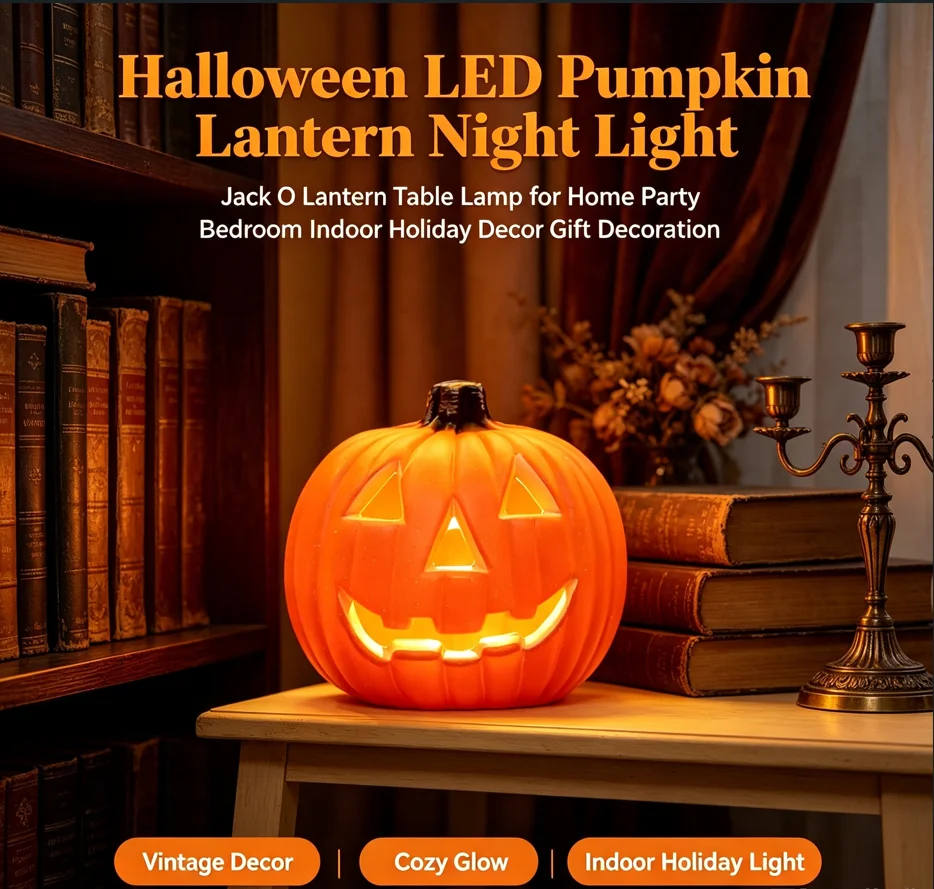 Halloween LED Jack O Lantern Pumpkin Lamp Night Light Indoor Decorative Light for Bedroom Party Festival Home Gift Decor