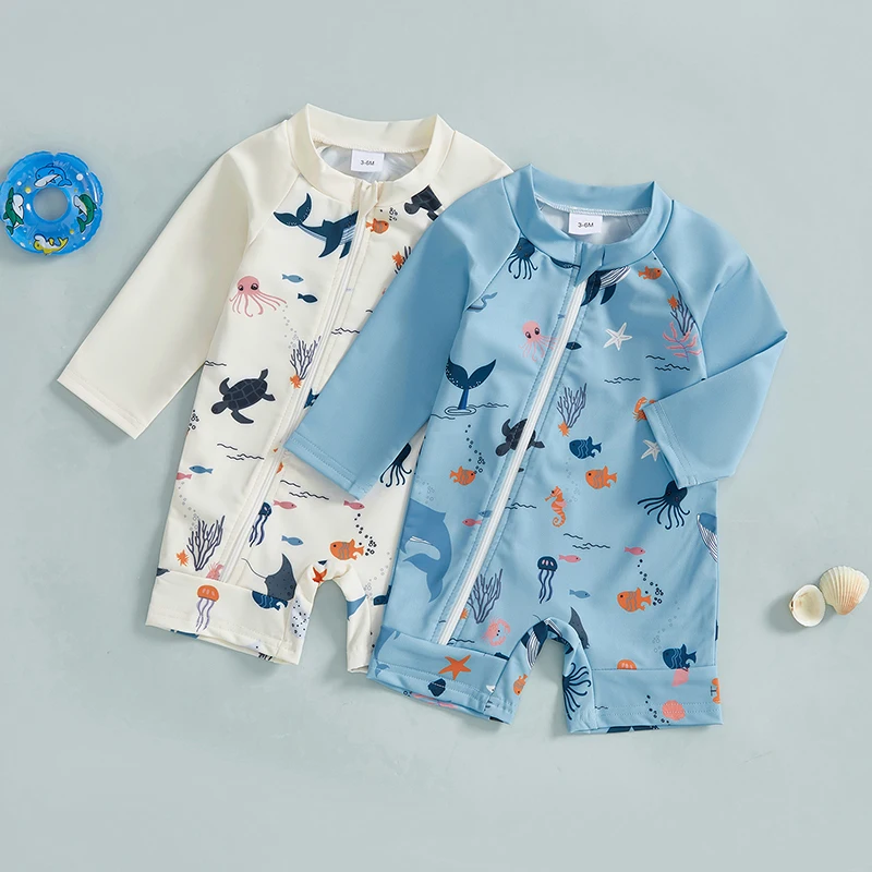 

Lioraitiin Summer Baby Boy Rash Guard Swimsuit Long Sleeve Ocean Animal Print Zip Up Bathing Suit Swimwear