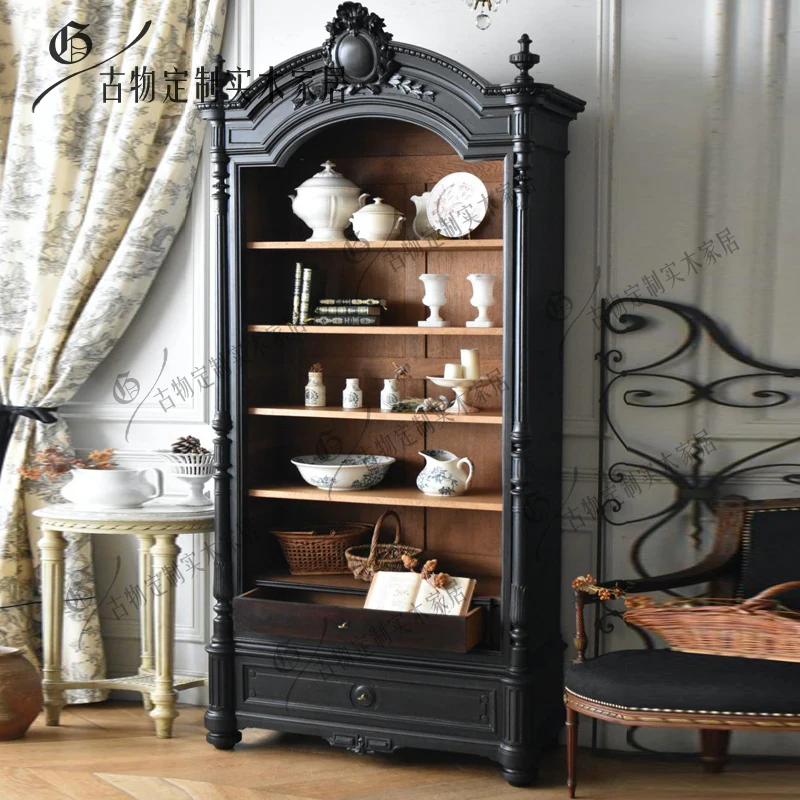 French retro bookcase/pure black American engraved display cabinet/open locker/large capacity wine cabinet/custom