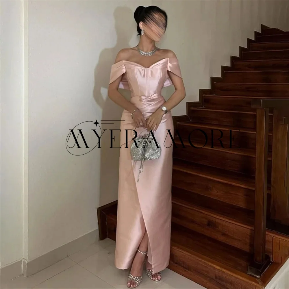 

Simple Pink Mermaid Evening Dresses Off the shoulder Bow Slit Ankle-Lenght Prom Dresses Customized فساتين سهره