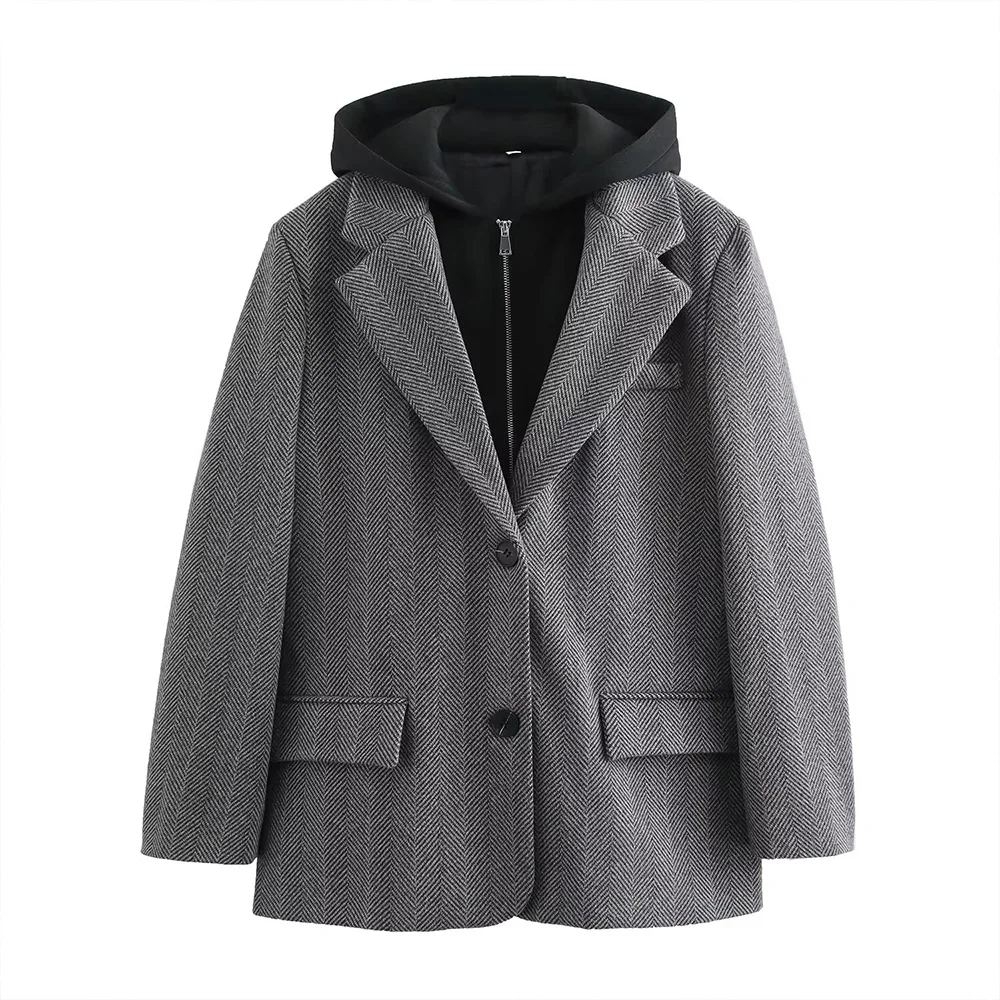 Easy Match Casual Grey Color Hooded Turn Down Collar Long Sleeves Single Breasted Women Loose Herringbone Twill Suit Coat ZATAF