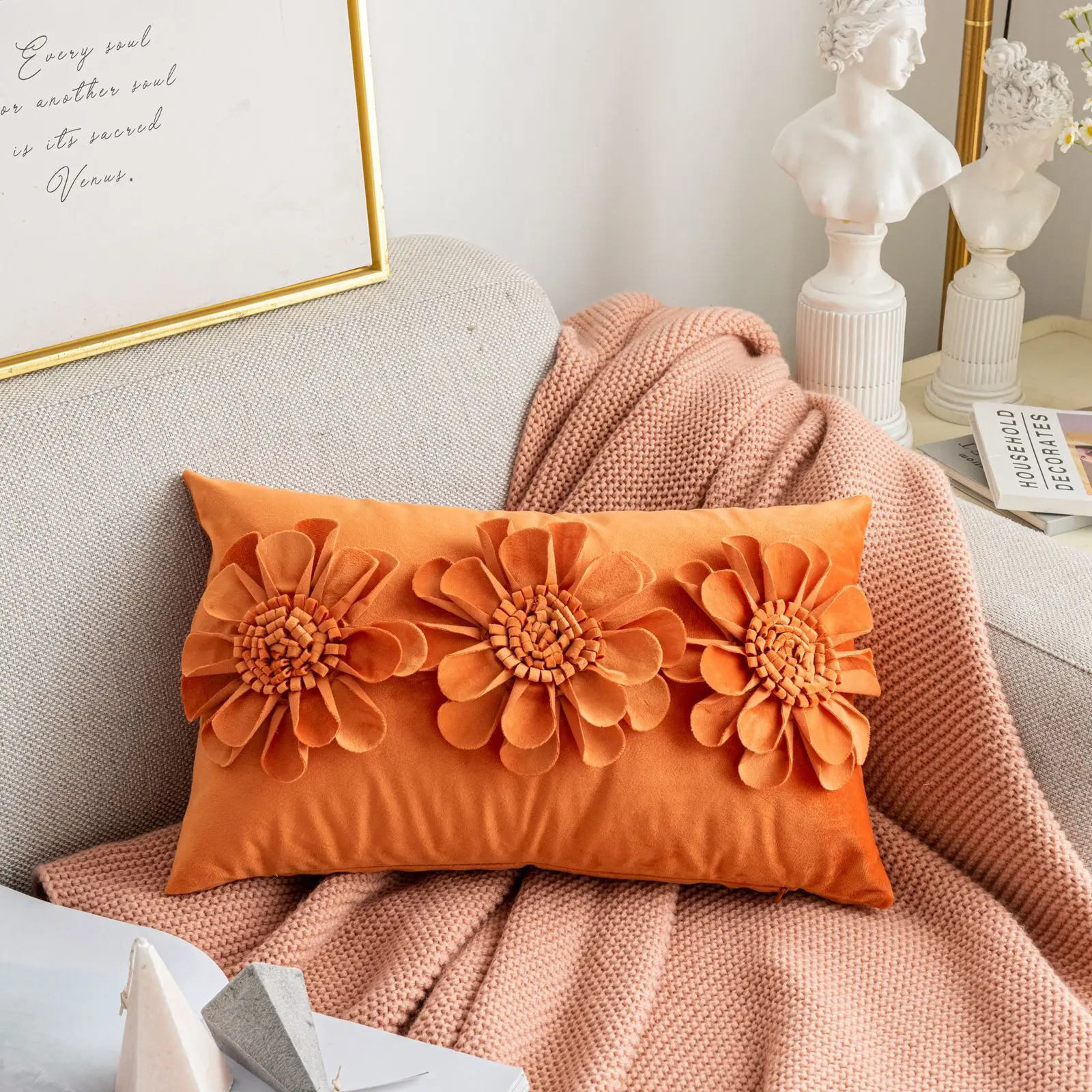 3D Floral Handmade Velvet Cushion Cover 30x50/45x45CM Girl\'s Heart Style Small Daisy Sunflower Plush Pillowcase Home Decoration