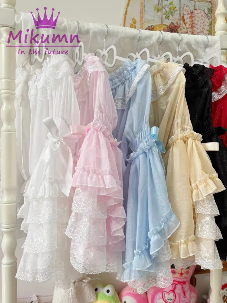 Mikumn-Chemisiers Lolita Harajuku pour femmes, chemise Kawaii japonaise, nœud en dentelle douce victorienne, volants, manches évasées, Y2K