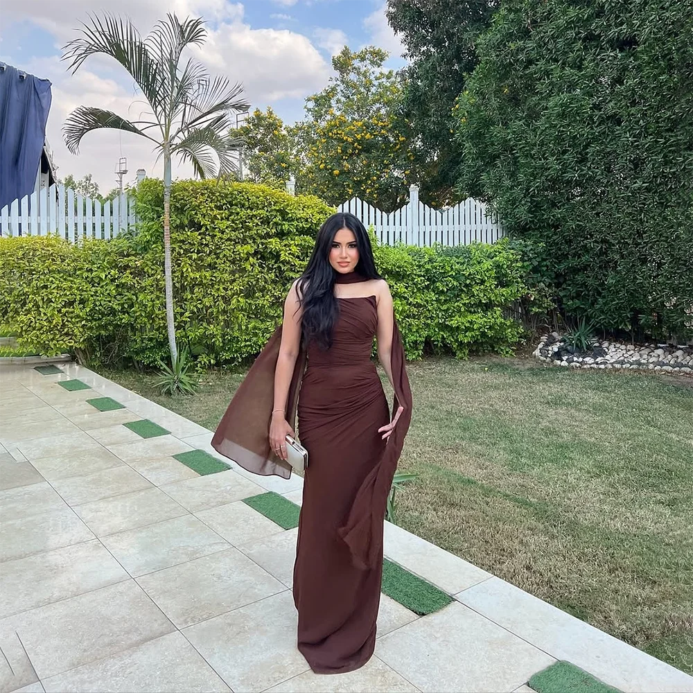 

Brown Prom Dress Strapless Straight Chiffon Floor Length Party Gowns wiht Scarf Elegant Evening Dresses Customized