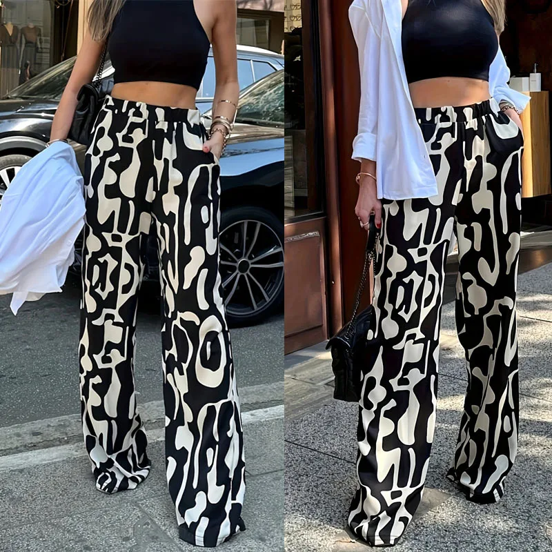 2024 New Arrival Casual Print Elastic High Waist Long Pants Loosel Wide Leg Pants