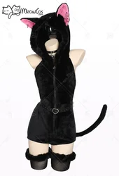 Meowcos-body de lencería Sexy para mujer, ropa de dormir peluda suave, disfraz de gato lindo, mameluco con capucha de felpa negra con cinturón y cola