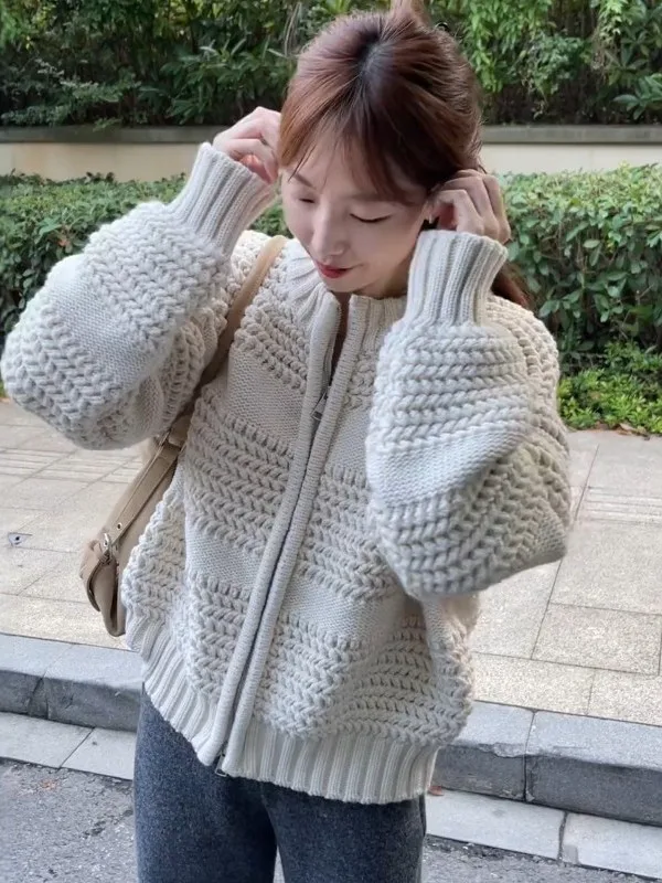 

Ladies' Soft Cozy Knitted Open Cardigan Spring 2026 Loose Fit Long Sve Hollow out Double Zipper Warm Faion Outerwear