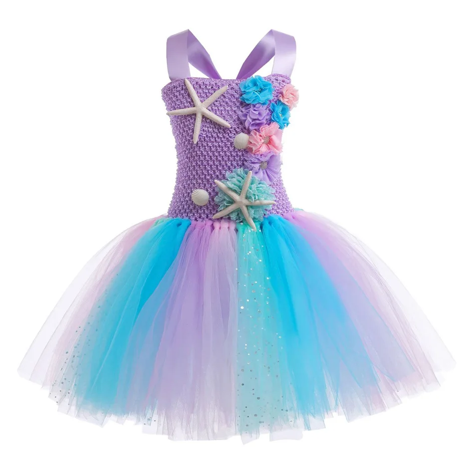 Robe Tutu sirène mignonne de 1 à 12 ans, avec des Appliques d'étoile de mer de corail, épaules dénudées, robe de princesse fantaisie, robe bouffante de fête d'anniversaire pour tout-petits