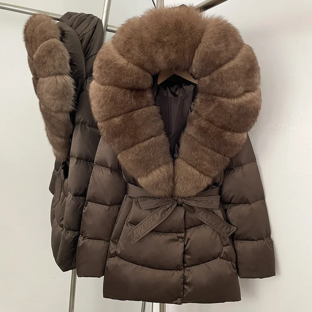 Piumino da donna con cappuccio 90% piumino d'anatra moda lusso grande pelliccia di volpe argento naturale spesso caldo Parka femminile 2025 inverno impermeabile