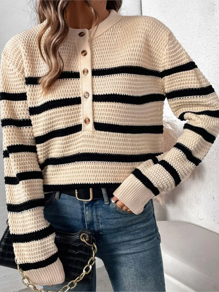 

Women's Clothing Pulls Femmes Buttoned Striped Casual Sweater All-match Simple Style Pullover Comfortable Commuting Loose Trendy