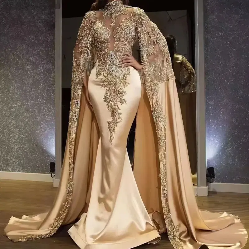 Luxury Arabic Dubai Gold Mermaid Evening Dresses Beaded Lace Appliques Illusion High Neck Cape Sleeves Elegant Celebrity Dress