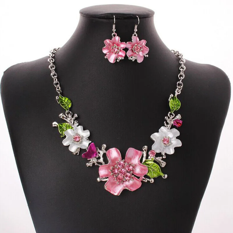 2Pcs/set Rhinestone Flower Necklace Earrings Set Luxury Morrocan Jewelry Set Accessories Valentine\'s Party Beach Jewelry Bijoux