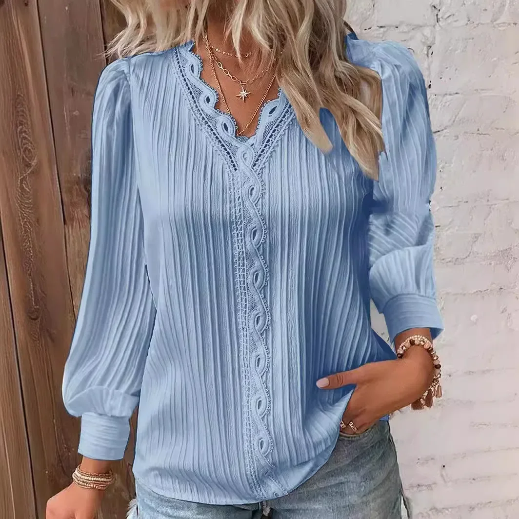 Effen kleur V-hals dames kanten stiksels shirt eenvoudige chiffon decoratie uitgehold ontwerp mode elegante top kantoor dame blouse