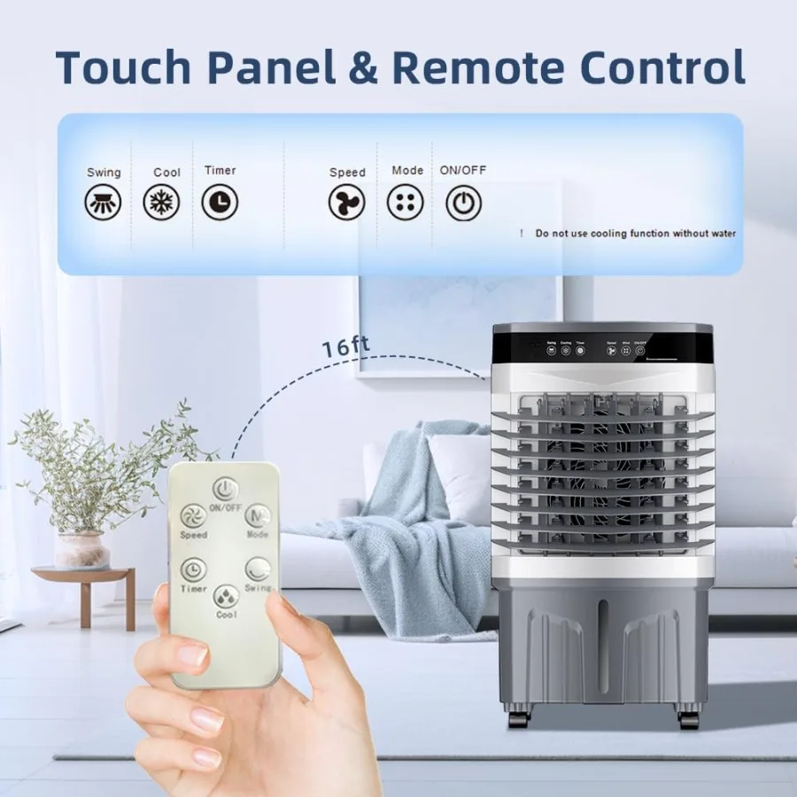 휴대용 에어컨, 3.7갤런 물탱크로 최대 12시간 지속 냉방, 조절 가능한 15003000CFM 공기 흐름, 리모컨 포함