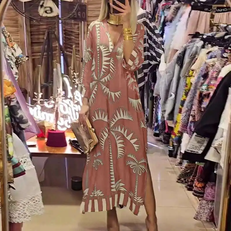 

Женское винтажное свободное пригородное платье с разрезом по бокам, длинное весеннее свободное платье с глубоким v-образным вырезом, осенние макси-платья трапециевидной формы с рукавами 3/4