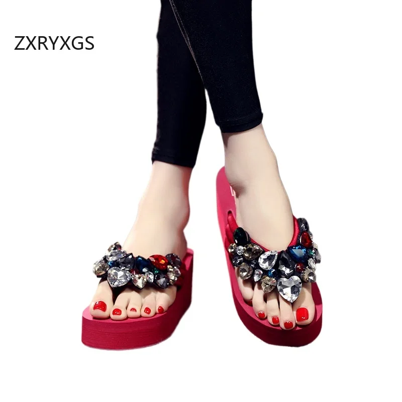 ZXRYXGS Mixed Colors Classic Rhinestone Flip Flops Women Sandals 2024 New Summer Platform Wedges Slippers Shoes Large Szie 42